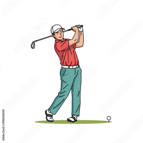 Minimalist vector illustration of a male golfer in a red polo shirt and teal trousers, executing a golf swing follow-through on a green patch with a ball on a tee.