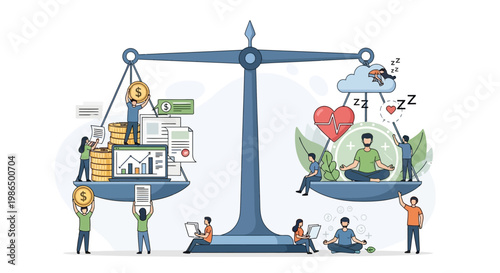 Work life balance concept with financial and well-being elements.