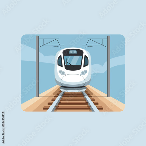 Flat vector illustration of a modern white high-speed commuter train approaching on a railway track with overhead power lines and catenary poles under a clear blue sky background.