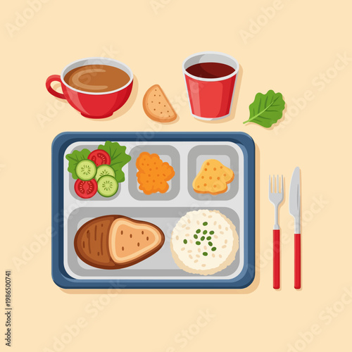 Flat vector illustration of a blue school lunch tray featuring a sliced meatloaf, white rice, vegetable salad, soup in a red mug, a cup of juice, and a set of cutlery on the side.