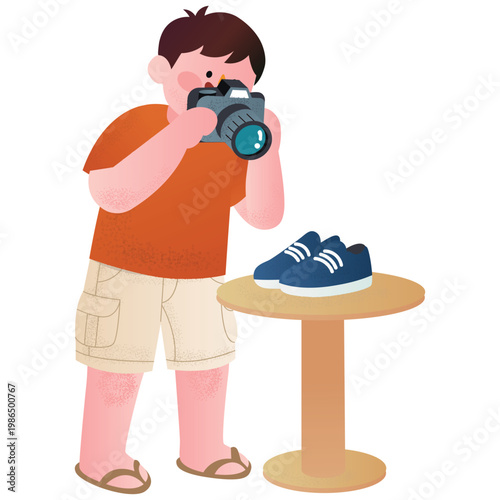 Content Creator Illustration. Vector illustration of Young photographer taking product photos of sneakers for online shop promotion, catalog content, or marketplace listing. Isolated on background