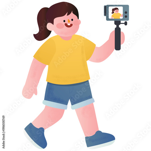 Content Creator Illustration. Vector illustration of Happy girl recording a selfie video with an action camera for social media content creation and daily vlogging. Isolated on background