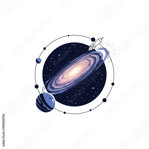 Minimalist vector graphic of a spiral galaxy with a glowing center, a space rocket traveling along an orbital line, multiple planets, and stars isolated on a white background.
