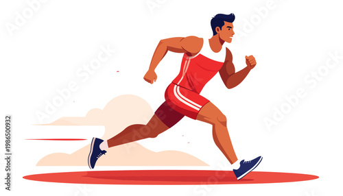 Dynamic illustration of a determined male athlete sprinting with powerful strides, embodying speed, fitness, and active lifestyle in a vibrant, energetic visual