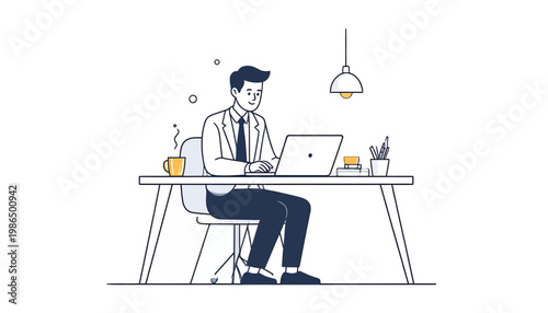 Focused Professional Man Engaged in Productive Work on Laptop at Modern Office Desk, Illustrating Remote Work or Business Operations with Efficiency and Dedication in a Clean Workspace