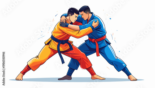 Two athletes locked in a wrestling match, demonstrating strength and technique