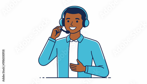 Friendly male customer support representative wearing a headset with a microphone, offering excellent online assistance and communication service