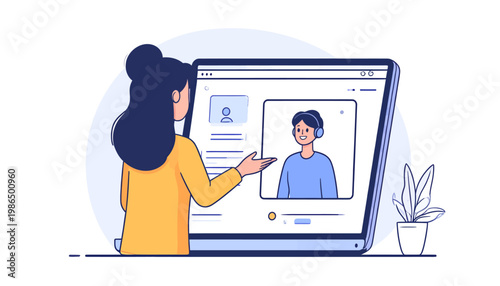 Online communication and virtual interaction through a laptop screen with a user and a call recipient displayed