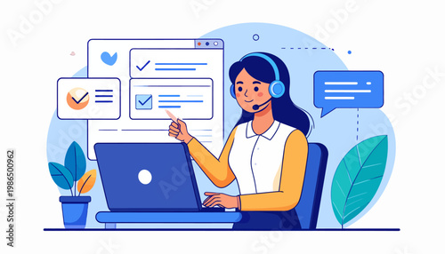 Professional customer support agent assisting clients with a laptop and headset, providing excellent service and solutions with a smile