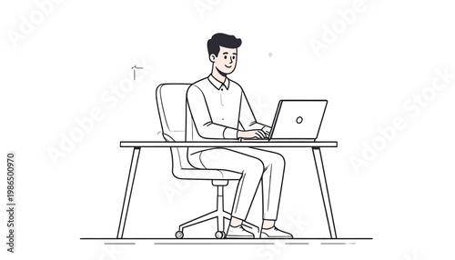 Digital illustration of a modern office worker professionally completing tasks on a laptop at a desk, embodying efficiency and concentration in a productive workspace
