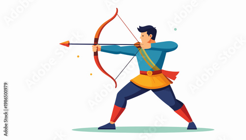 Determined archer in a dynamic pose, aiming a bow and arrow with precision, showcasing focus and skill in archery sport or competitive shooting