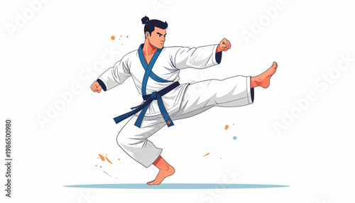 Dynamic illustration of a focused male martial artist delivering a powerful high kick. Represents strength, discipline, and the energetic art of self-defense training