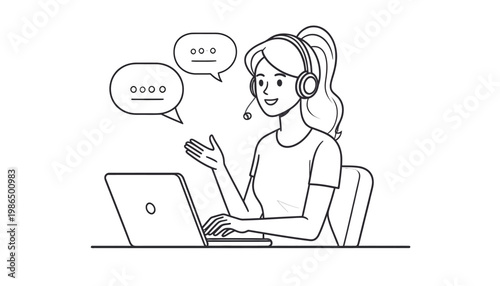 Friendly customer support representative with headset talking online, providing virtual assistance and help through laptop. Call center agent offering expert service and communication