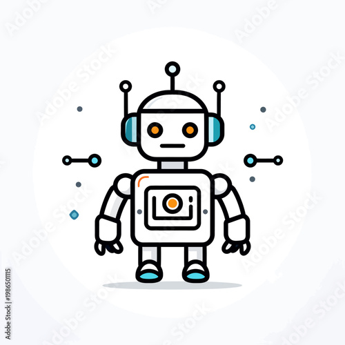 Friendly cartoon robot vector illustration representing artificial intelligence, digital innovation, automation, and future technology development for modern computing and automated systems design