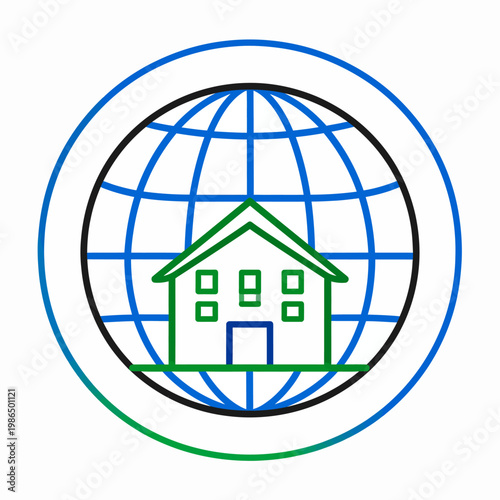Global real estate icon with a house and globe representing international housing markets and property investment opportunities