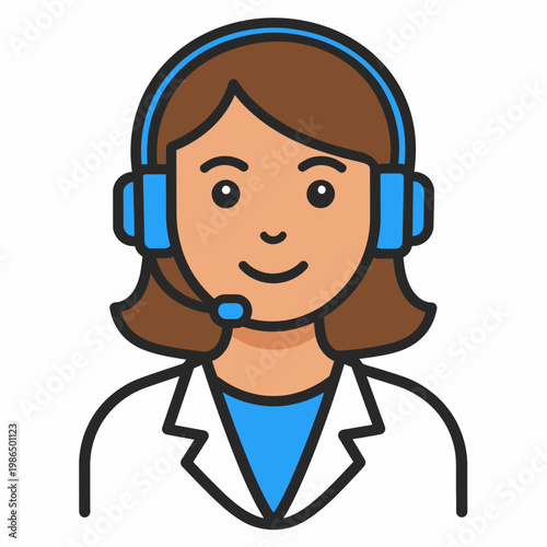 Smiling female customer support agent avatar wearing a headset with a microphone, ready to provide excellent online assistance and effective communication for client care and professional support