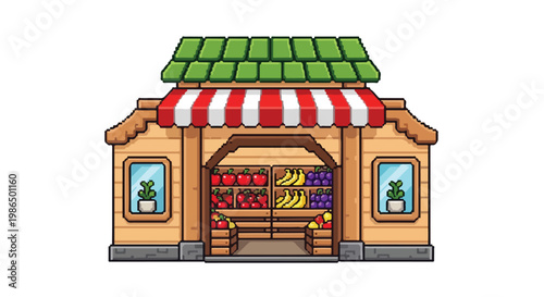 A charming pixel art vector illustration of a wooden fruit stand featuring a striped awning and a variety of colorful fruits displayed inside.
