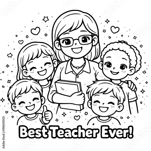 Teacher Appreciation Coloring Page for Kids | Printable Thank You Teacher Activity with School Theme | Cute Classroom Coloring Worksheet for Preschool Kindergarten Elementary Gift and Card Design