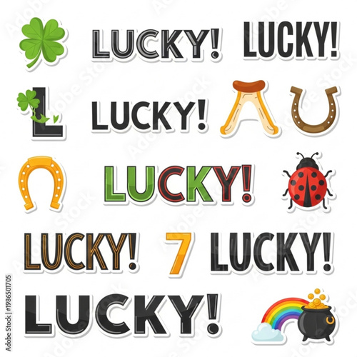 Lucky Sticker Pack with “LUCKY!” Text, Isolated Modern Vector Design Set for Success, Victory, and Promotions
