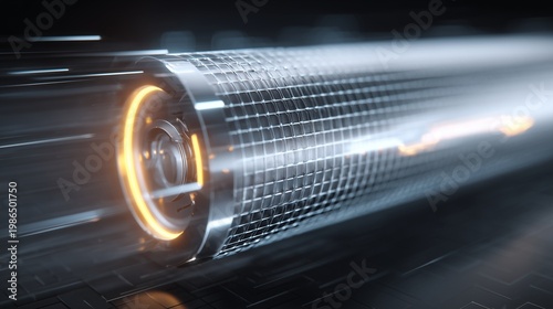 Technological Luminescence: A sleek, metallic cylindrical object is depicted with glowing energy streams, showcasing futuristic design and advanced technological concepts.