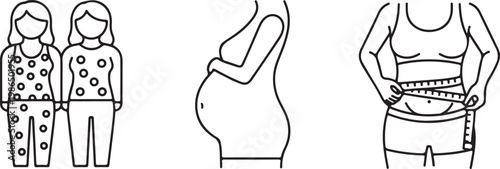 Woman measuring waist and pregnant belly with tape measure vector icons Isolated on white background