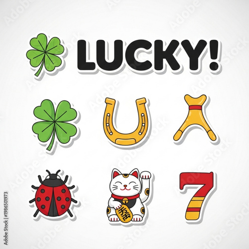 Lucky Sticker Pack with “LUCKY!” Text, Isolated Modern Vector Design Set for Success, Victory, and Promotions