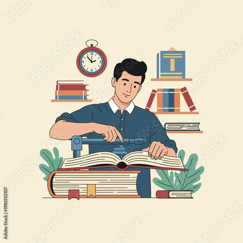 Vector illustration of a man using a mechanical bookbinding tool on an open book at a desk with stacked volumes, wall bookshelves, and a circular clock on a beige background.