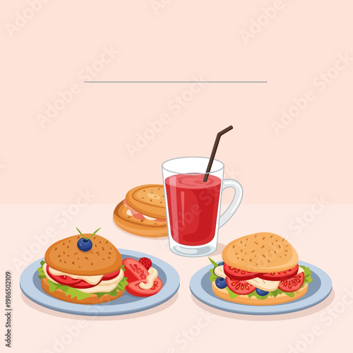 Vector illustration of a brunch set with two sandwiches featuring tomatoes and lettuce on blue plates, a glass of red juice with a straw, and stacked bagels on a plain background.