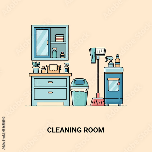 Flat vector illustration of a cleaning room or laundry area organization setup including storage cabinets, broom, waste bin, detergent bottles, towels, and a vanity mirror.