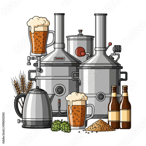 Vector illustration of home brewing equipment featuring stainless steel tanks, kettles, mugs of foaming beer, barley stalks, hop cones, grain, and brown glass bottles.