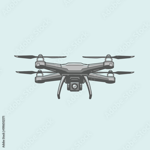 Vector illustration of a modern grey quadcopter drone with integrated camera gimbal and four rotors, isolated on a light blue background, technical aerial vehicle design.