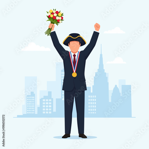 Vector illustration of a man in a navy suit and bicorne hat celebrating victory, holding a bouquet of flowers and wearing a gold medal against a blue city skyline background.