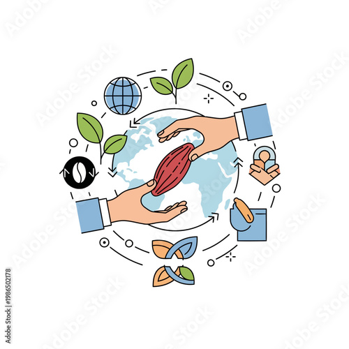 Conceptual vector illustration representing fair trade and ethical business practices, featuring human hands holding a cocoa pod over a world globe, circular flow arrows, and nature icons.