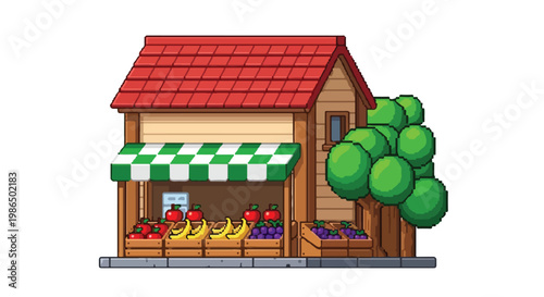 This pixel art illustration features a charming wooden fruit shop with a red roof, a green awning, and crates of fresh fruit next to a leafy tree.