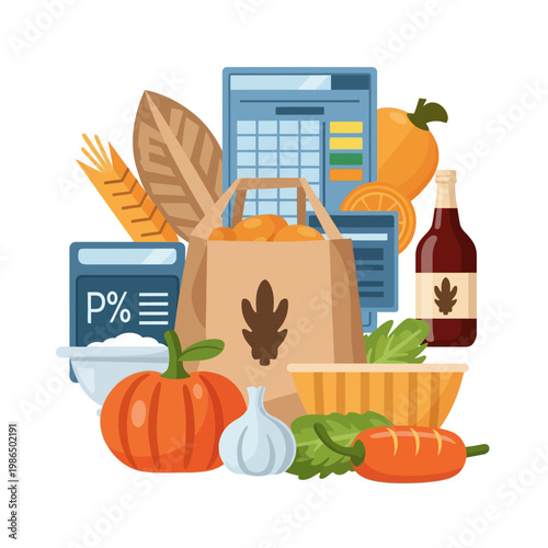Vector illustration of food donation items including a paper bag, pumpkin, garlic, carrot, wheat, and bottle with digital tablets displaying statistics, charts, and percentages.