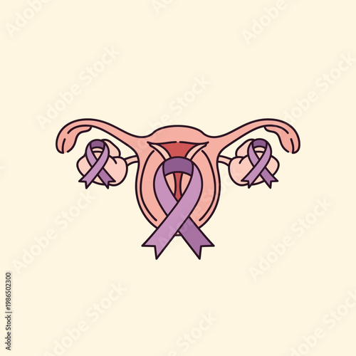 Stylized anatomical vector illustration of the female reproductive system including uterus and ovaries integrated with teal awareness ribbons for ovarian cancer support and health.