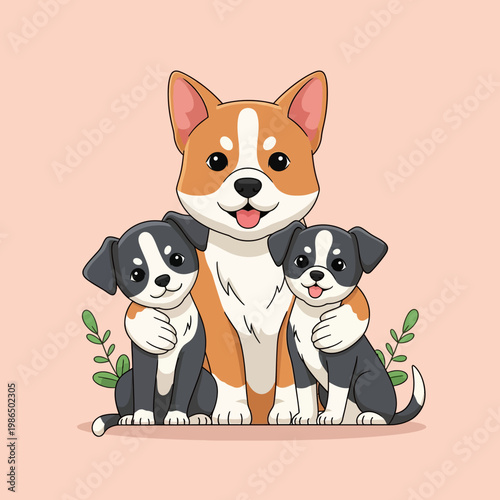 Cartoon illustration of a tan and white dog embracing two small black and white puppies. Concept of pet adoption, animal protection, and canine family care on a pink background.