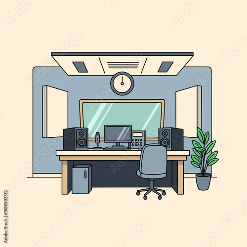 Professional radio broadcasting studio interior vector illustration featuring a desk with monitor, microphone, audio speakers, office chair, wall clock, and acoustic treatment panels.
