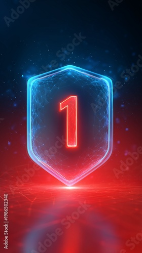 Number 1 Emblem: A vibrant digital emblem showcases a striking 1 within a futuristic, glowing shield. This visual encapsulates the essence of top ranking and accomplishment.