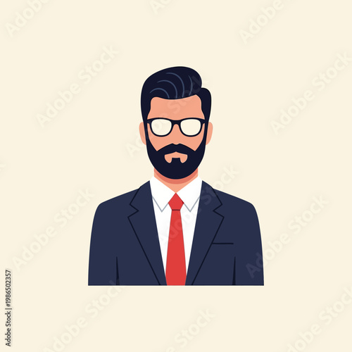 Vector illustration of a professional businessman with a dark beard and eyeglasses, wearing a navy blue suit jacket, white dress shirt, and red necktie, isolated on a light background.