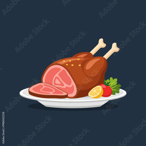 Vector illustration of a roasted bone-in leg of lamb or ham, sliced to show meat texture, served on a white plate with lemon, tomato, and lettuce garnish on a dark blue background.