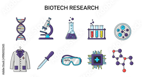 Biotech Research Laboratory Icons Set.