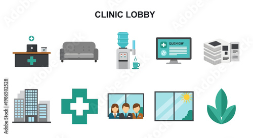 Flat Illustration of clinic lobby medical office waiting room.