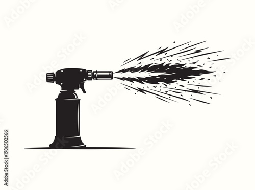 Simple black symbol of a butane blowtorch with flame sparks for inventory management systems in specialty kitchenware retail shops and industrial supply stores