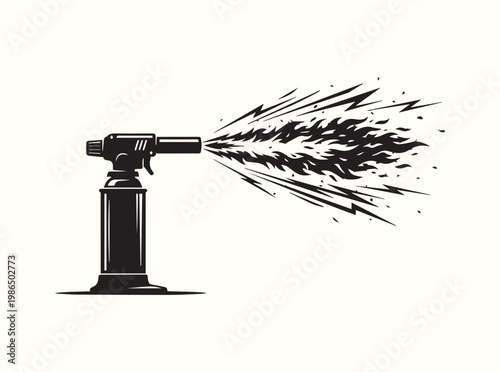 Solid black silhouette showing the action of igniting a culinary torch for visual aid in culinary arts training and molecular gastronomy recipe development