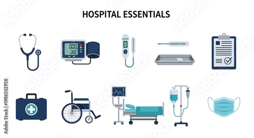 Hospital medical equipment and essentials.