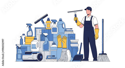 Professional cleaning service worker standing with a huge pile of various detergents, spray bottles, brushes, and equipment for maintenance.