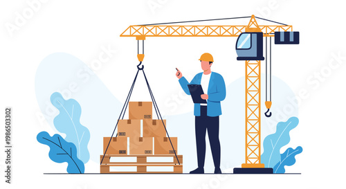 Logistics manager wearing a hard hat and holding a clipboard supervising the loading of cargo boxes by a large construction crane in a warehouse.