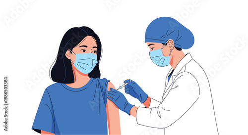 Healthcare professional in medical scrubs and a face mask administering a vaccine injection to a young woman wearing a protective mask in clinic.