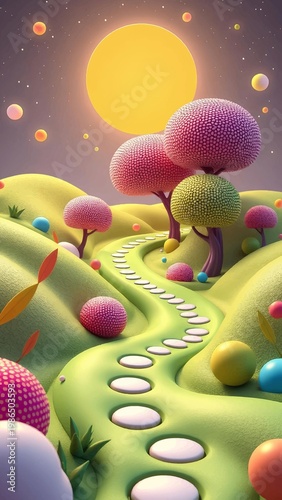 Magical Dreamland Path: Colorful Hills, Fantasy Trees, and Orbs Under a Bright Sun